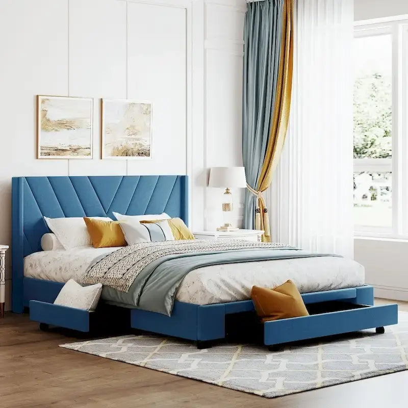 Cama de almacenamiento tamaño Queen, tapizada en lino con plataforma y 3 cajones