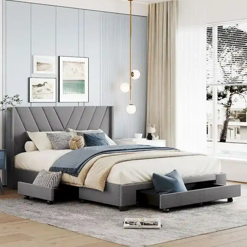 Cama de almacenamiento tamaño Queen, tapizada en lino con plataforma y 3 cajones