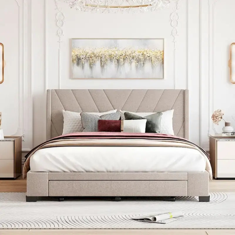 Cama de almacenamiento tamaño Queen, tapizada en lino con plataforma y 3 cajones