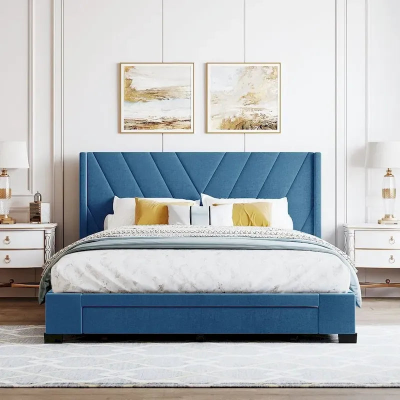 Cama de almacenamiento tamaño Queen, tapizada en lino con plataforma y 3 cajones