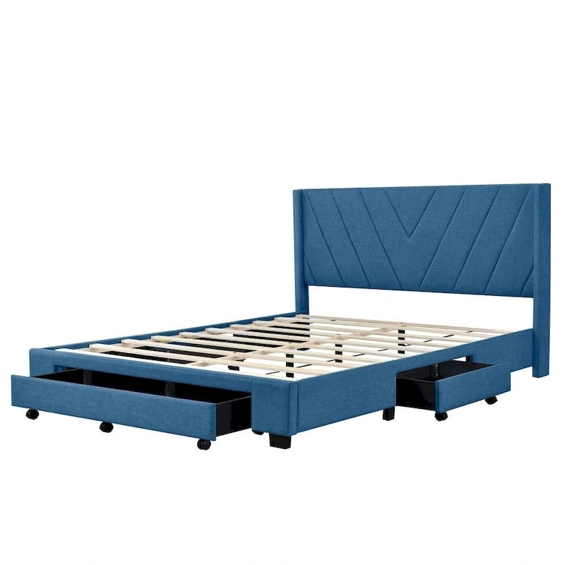 Cama de almacenamiento tamaño Queen, tapizada en lino con plataforma y 3 cajones