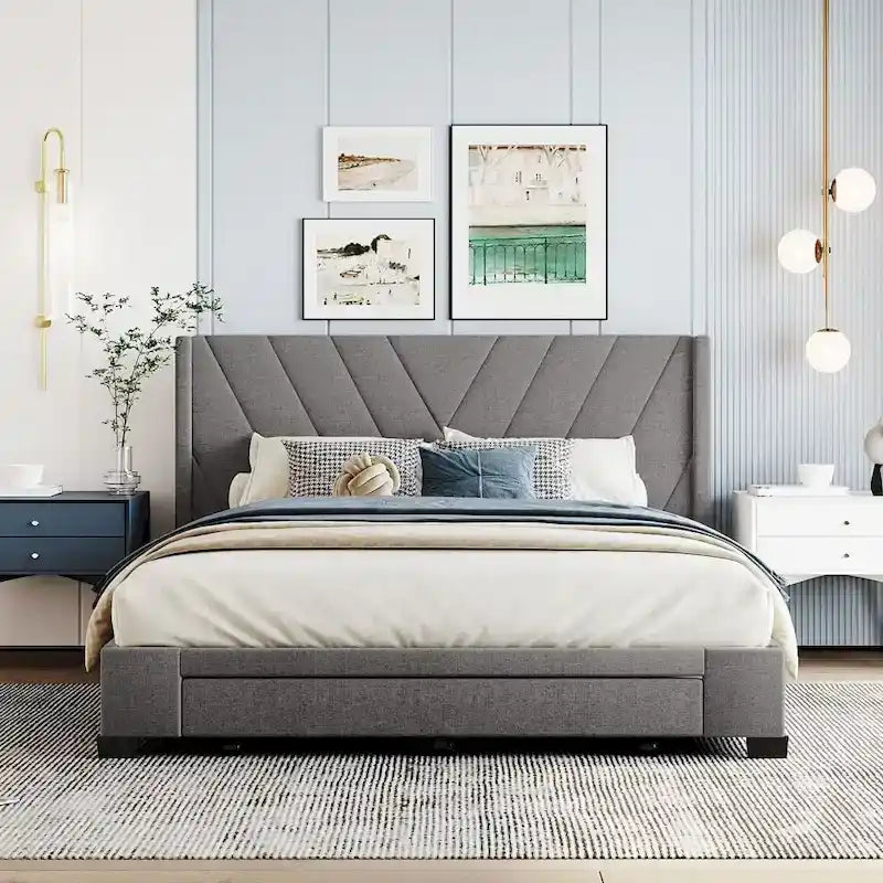 Cama de almacenamiento tamaño Queen, tapizada en lino con plataforma y 3 cajones