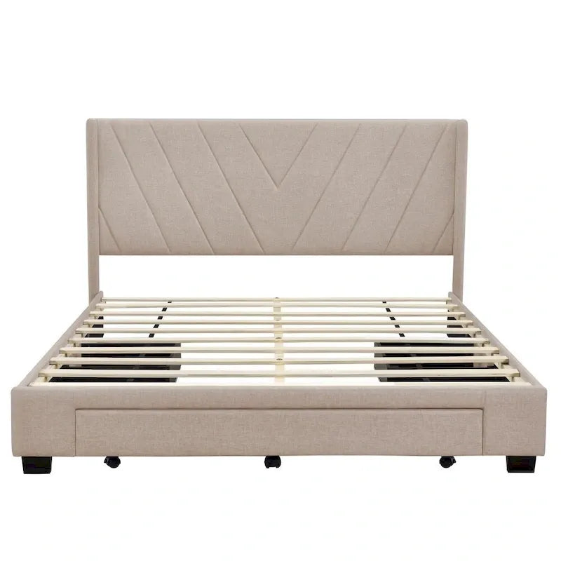 Cama de almacenamiento tamaño Queen, tapizada en lino con plataforma y 3 cajones