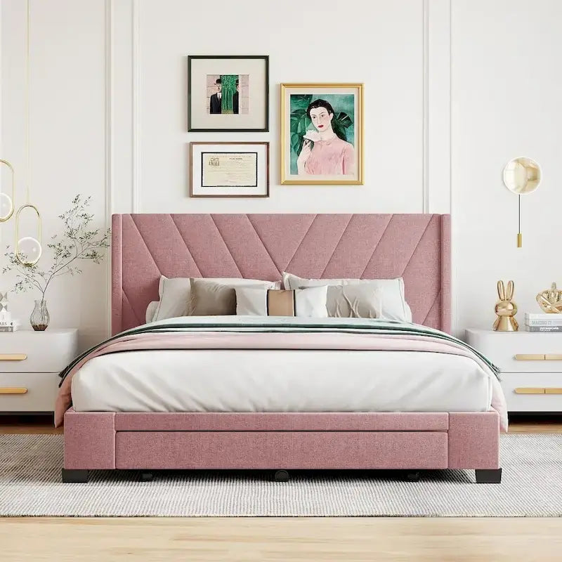 Cama de almacenamiento tamaño Queen, tapizada en lino con plataforma y 3 cajones