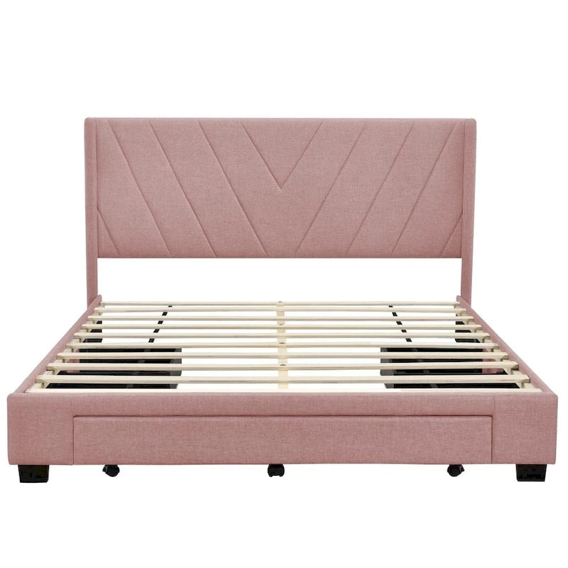 Cama de almacenamiento tamaño Queen, tapizada en lino con plataforma y 3 cajones