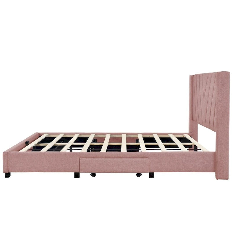 Cama de almacenamiento tamaño Queen, tapizada en lino con plataforma y 3 cajones