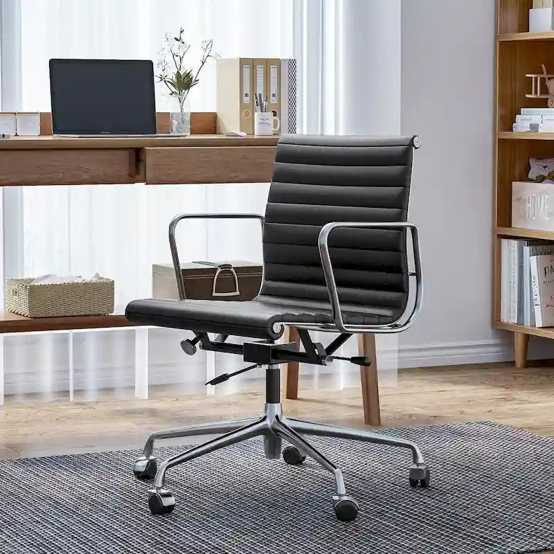 Silla de oficina ergonómica de cuero genuino de respaldo bajo con nervaduras - N/A