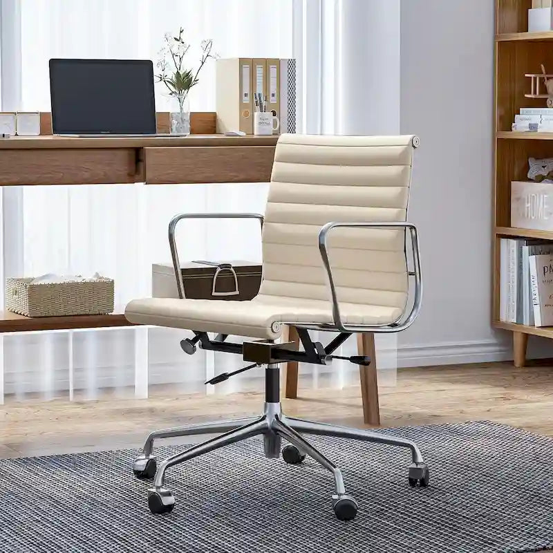 Silla de oficina ergonómica de cuero genuino de respaldo bajo con nervaduras - N/A