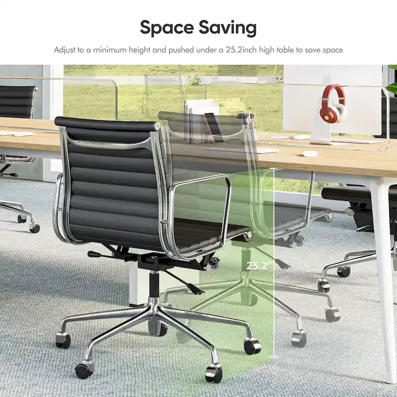 Silla de oficina ergonómica de cuero genuino de respaldo bajo con nervaduras - N/A