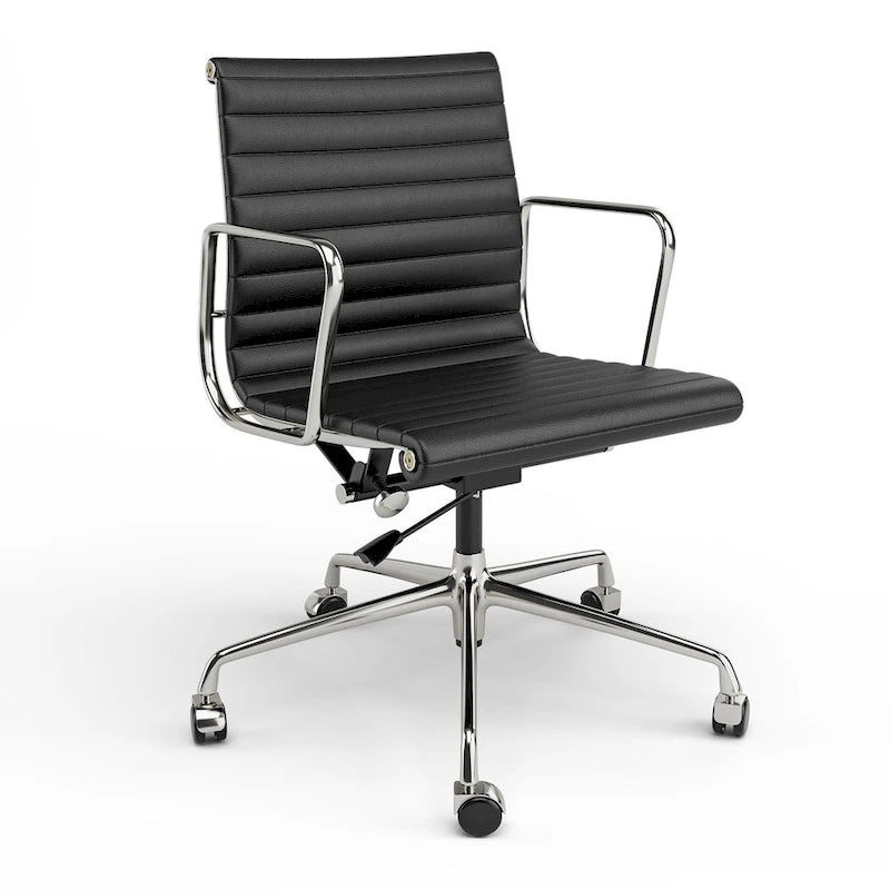 Silla de oficina ergonómica de cuero genuino de respaldo bajo con nervaduras - N/A