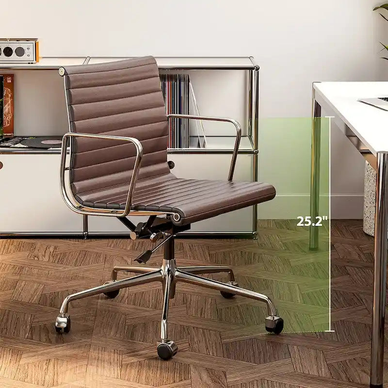 Silla de oficina ergonómica de cuero genuino de respaldo bajo con nervaduras - N/A
