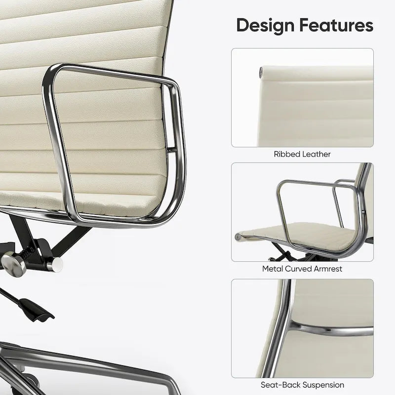 Silla de oficina ergonómica de cuero genuino de respaldo bajo con nervaduras - N/A