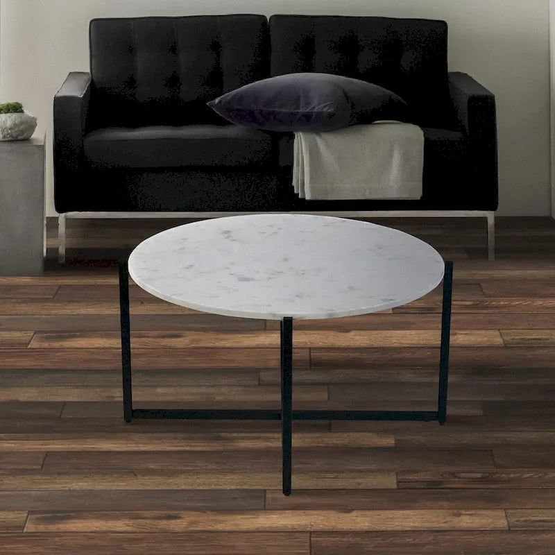 Mesa de centro redonda Ivy de 30 pulgadas con tapa de mármol y estructura metálica, blanca y negra