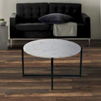 Mesa de centro redonda Ivy de 30 pulgadas con tapa de mármol y estructura metálica, blanca y negra