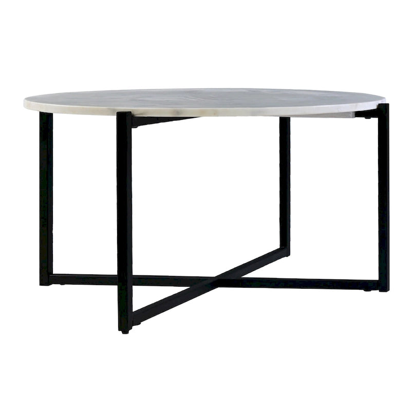 Mesa de centro redonda Ivy de 30 pulgadas con tapa de mármol y estructura metálica, blanca y negra