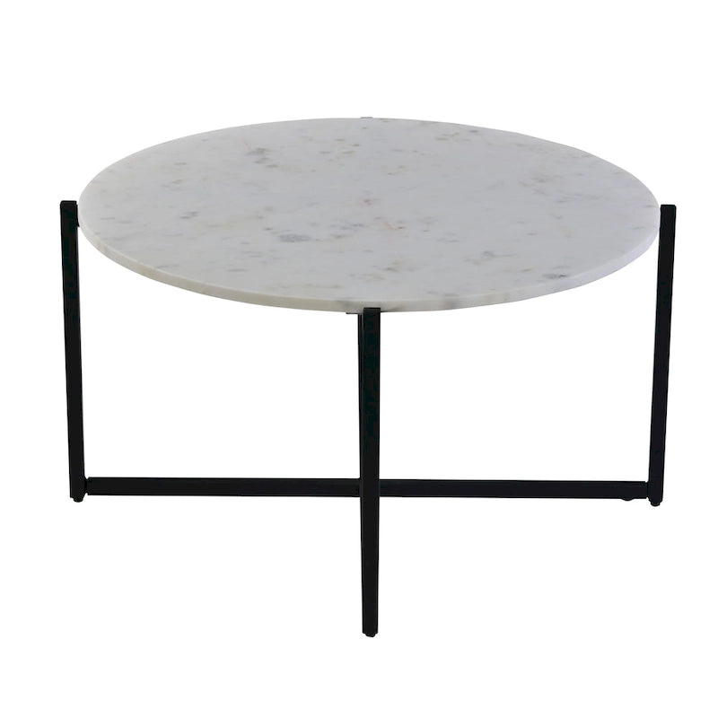 Mesa de centro redonda Ivy de 30 pulgadas con tapa de mármol y estructura metálica, blanca y negra