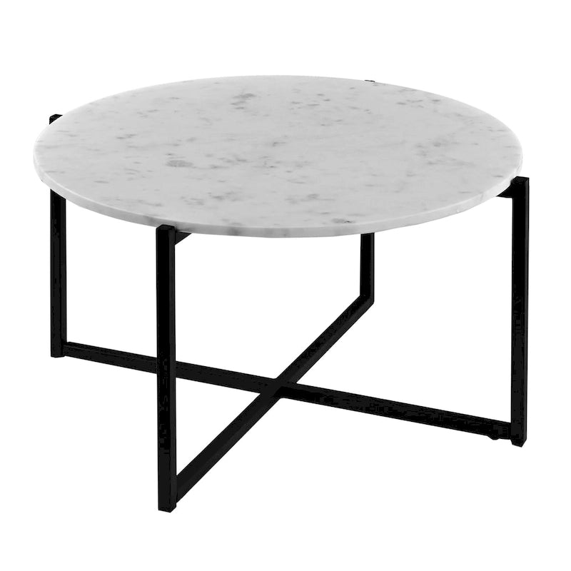 Mesa de centro redonda Ivy de 30 pulgadas con tapa de mármol y estructura metálica, blanca y negra