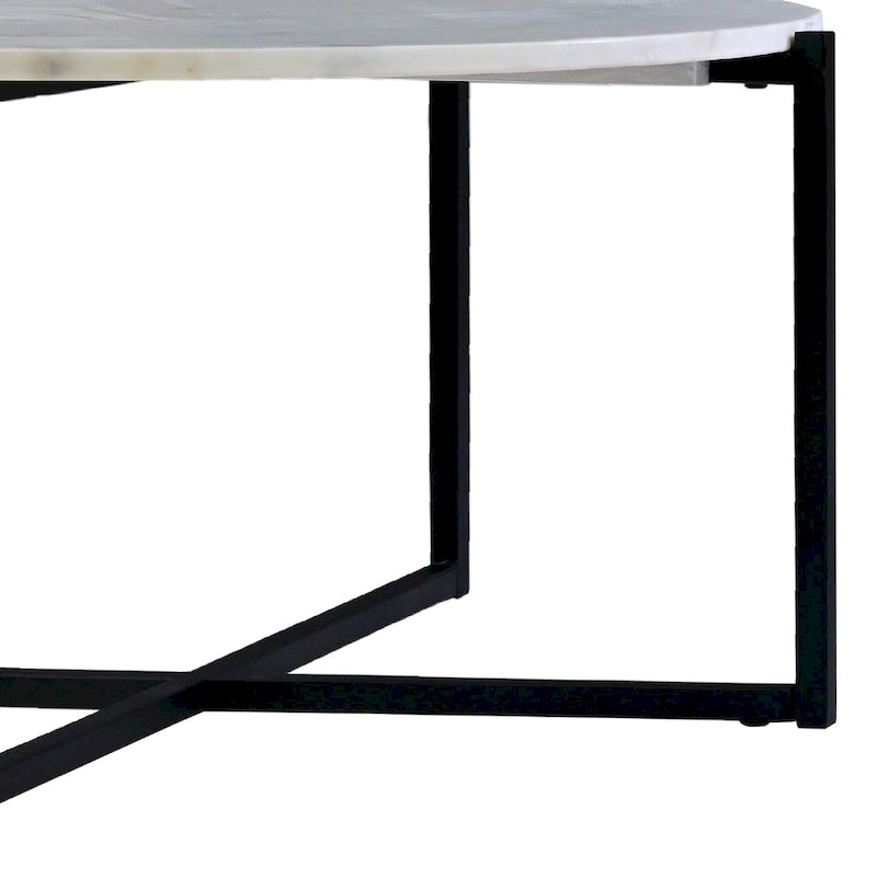 Mesa de centro redonda Ivy de 30 pulgadas con tapa de mármol y estructura metálica, blanca y negra