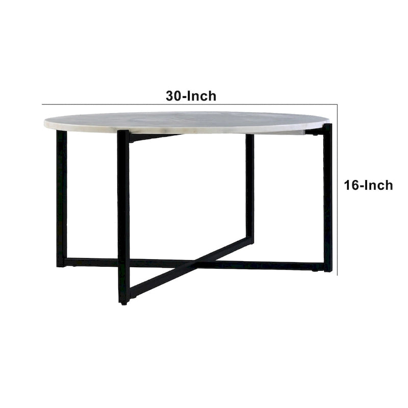 Mesa de centro redonda Ivy de 30 pulgadas con tapa de mármol y estructura metálica, blanca y negra
