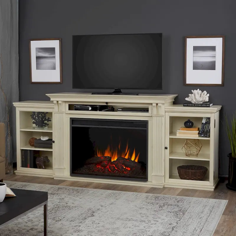 Mueble de TV con chimenea eléctrica en blanco desgastado