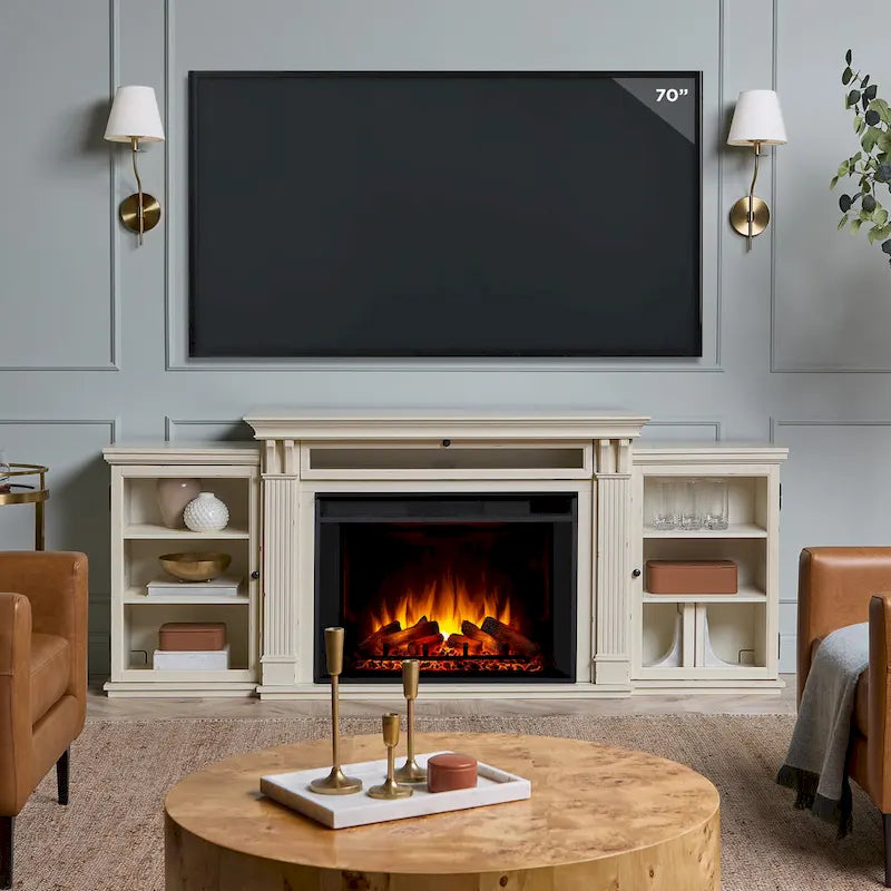 Mueble de TV con chimenea eléctrica en blanco desgastado