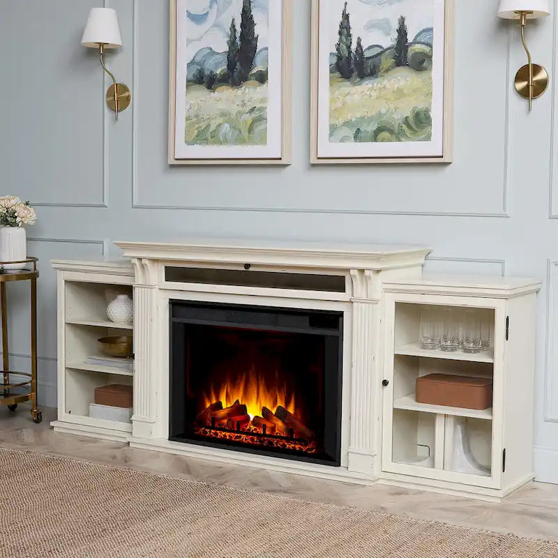 Mueble de TV con chimenea eléctrica en blanco desgastado