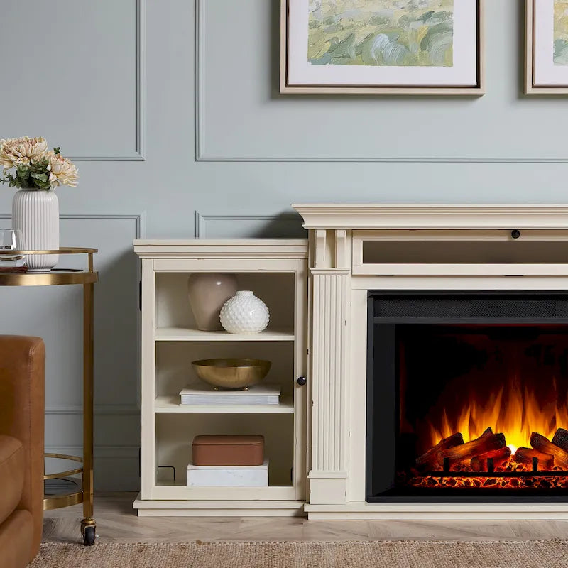 Mueble de TV con chimenea eléctrica en blanco desgastado