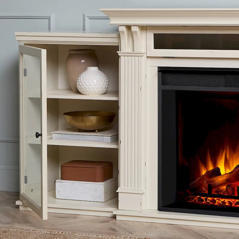 Mueble de TV con chimenea eléctrica en blanco desgastado