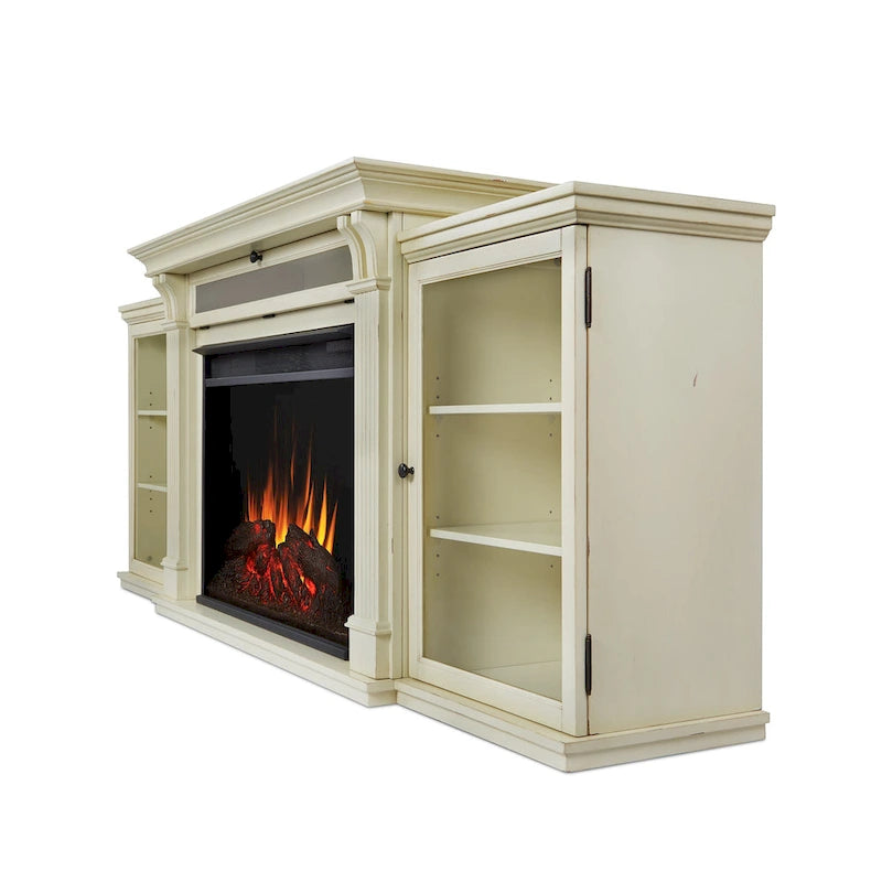 Mueble de TV con chimenea eléctrica en blanco desgastado