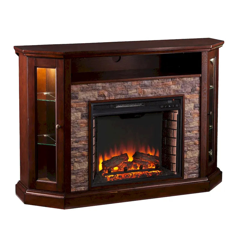 Mueble esquinero para TV de hasta 50" con chimenea eléctrica de piedra sintética