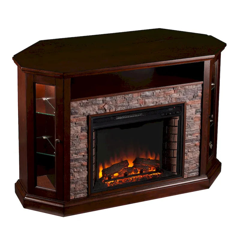 Mueble esquinero para TV de hasta 50" con chimenea eléctrica de piedra sintética