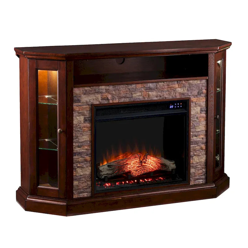 Mueble esquinero para TV de hasta 50" con chimenea eléctrica de piedra sintética