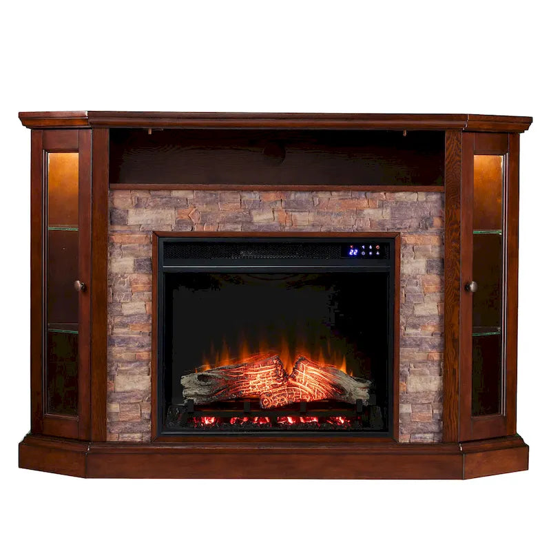 Mueble esquinero para TV de hasta 50" con chimenea eléctrica de piedra sintética