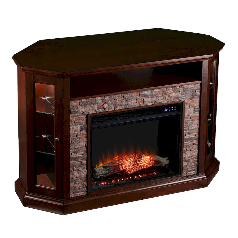Mueble esquinero para TV de hasta 50" con chimenea eléctrica de piedra sintética