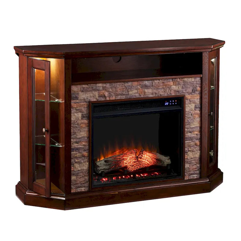 Mueble esquinero para TV de hasta 50" con chimenea eléctrica de piedra sintética