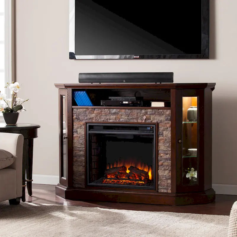 Mueble esquinero para TV de hasta 50" con chimenea eléctrica de piedra sintética