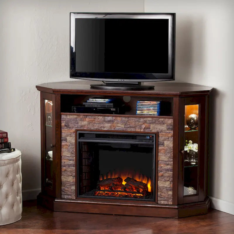 Mueble esquinero para TV de hasta 50" con chimenea eléctrica de piedra sintética