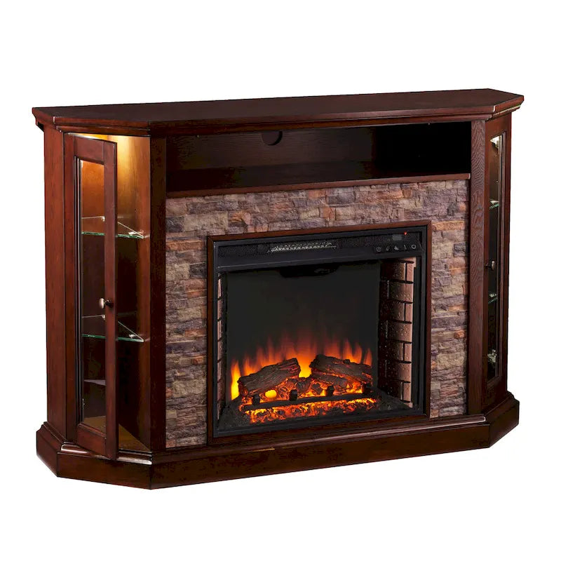 Mueble esquinero para TV de hasta 50" con chimenea eléctrica de piedra sintética