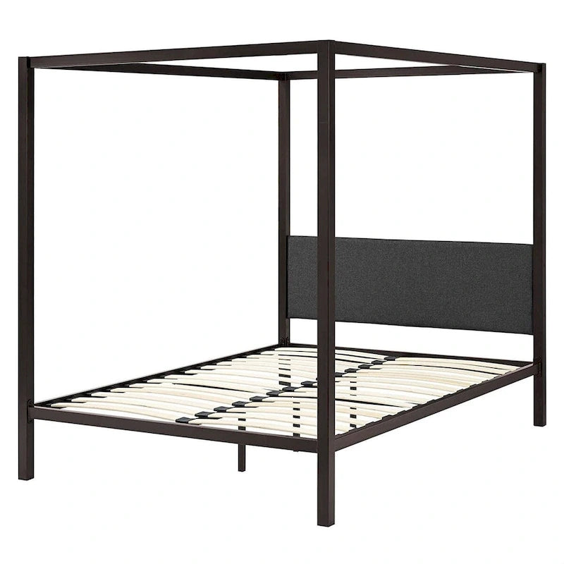 Cama con dosel de metal marrón tamaño queen con cabecero tapizado en gris