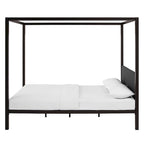 Cama con dosel de metal marrón tamaño queen con cabecero tapizado en gris
