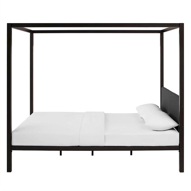 Cama con dosel de metal marrón tamaño queen con cabecero tapizado en gris