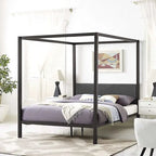 Cama con dosel de metal marrón tamaño queen con cabecero tapizado en gris
