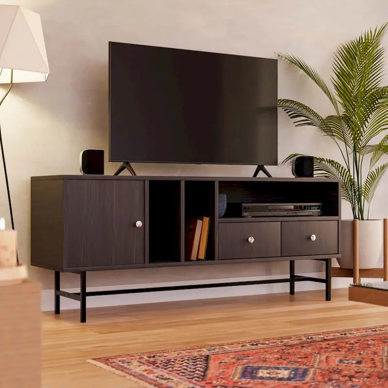 Credenza para TV Rochester con 2 cajones, 4 estantes y patas de hierro