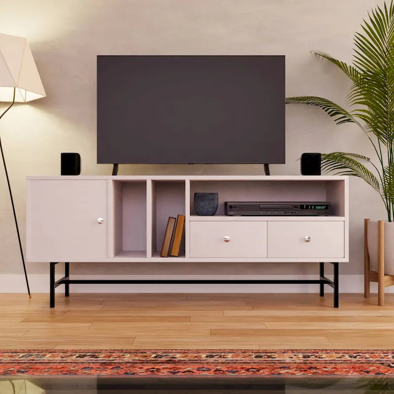 Credenza para TV Rochester con 2 cajones, 4 estantes y patas de hierro