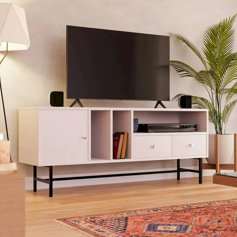 Credenza para TV Rochester con 2 cajones, 4 estantes y patas de hierro