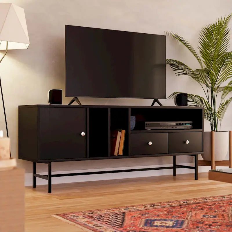Credenza para TV Rochester con 2 cajones, 4 estantes y patas de hierro