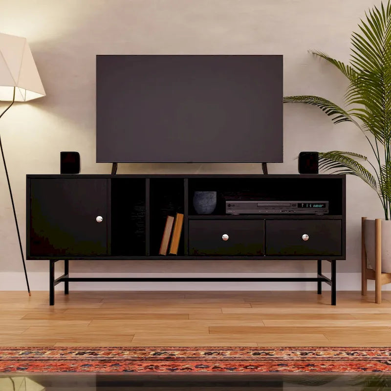 Credenza para TV Rochester con 2 cajones, 4 estantes y patas de hierro