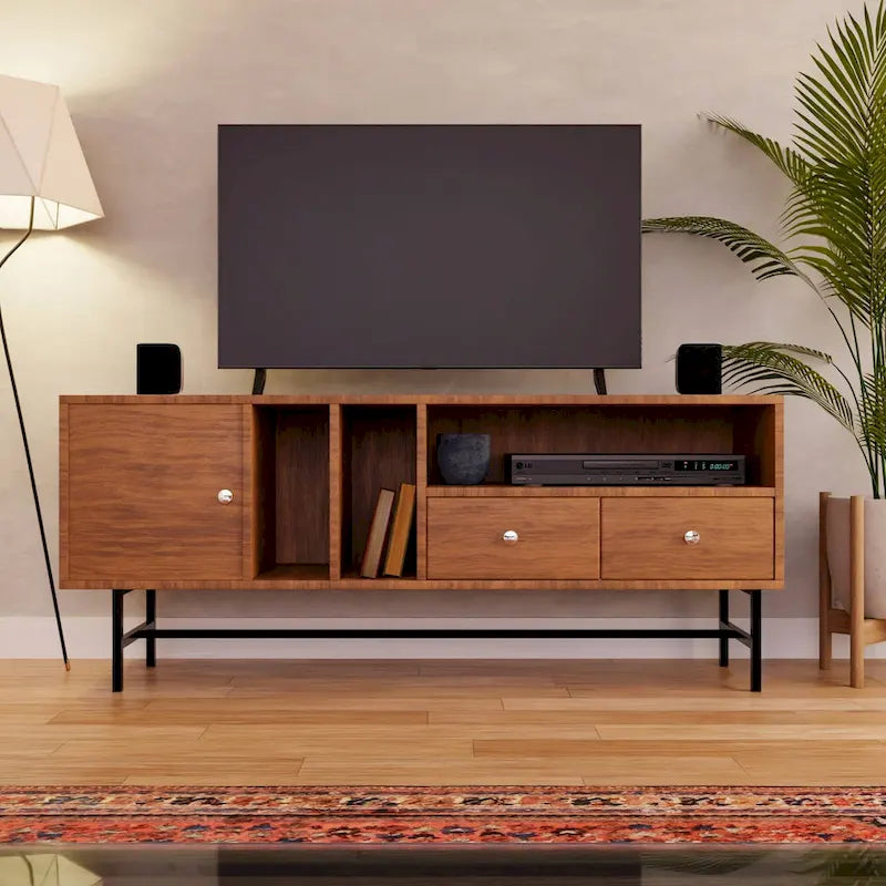 Credenza para TV Rochester con 2 cajones, 4 estantes y patas de hierro