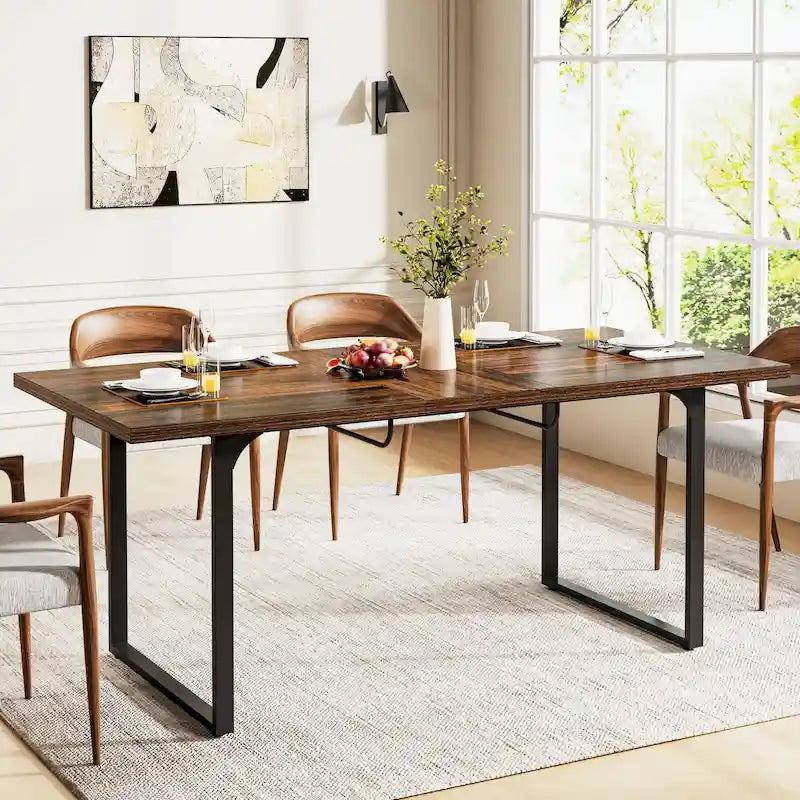 Mesa de comedor extensible para 6-8 personas, mesa de cena rectangular de madera con estructura de metal