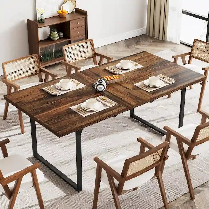Mesa de comedor extensible para 6-8 personas, mesa de cena rectangular de madera con estructura de metal